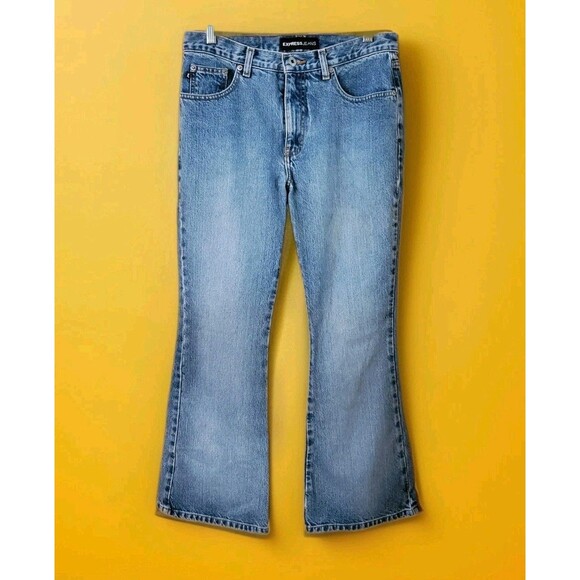 Express Denim - Vtg Express Jeans Size 9/10 SHORT Extreme Flare Distressed Light-Medium Blue Y2K